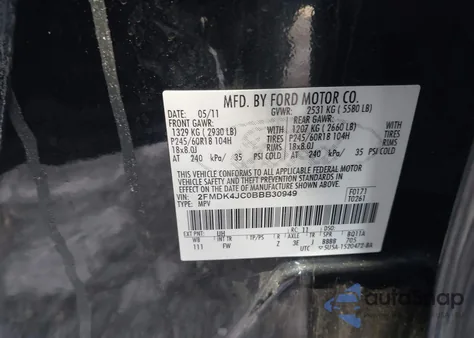 2011 Ford Edge Sel from USA, damaged, VIN 2FMDK4JC0BBB30949